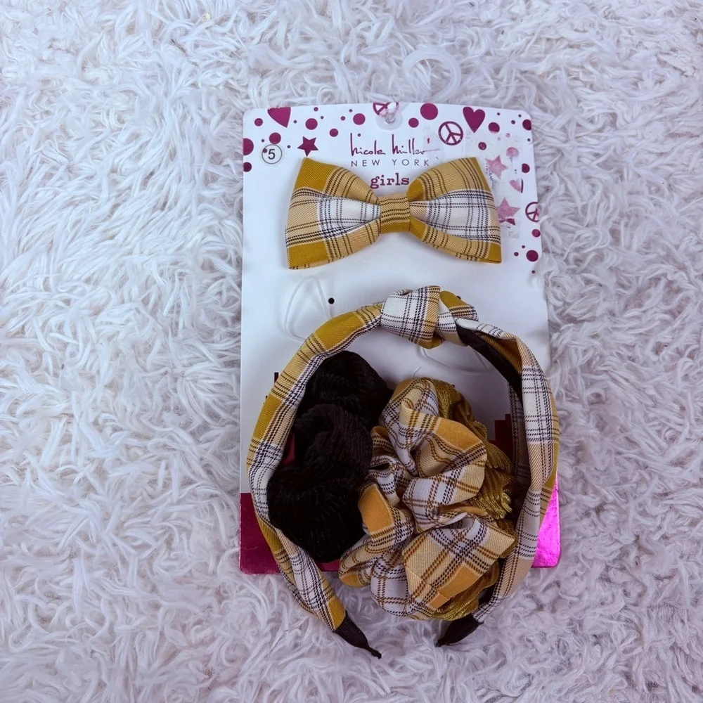 NWT Nicole Miller Girls Yellow Plaid preppy clueless Hair Accessory Set